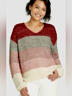 Knox Rose V‑Neck Colorblock Sweater in Red, Gray, Pink & Cream Acrylic Blnd XS